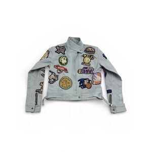 VINTAGE Medium Jeff Hamilton NBA Collage Patches Leather Blue Jacket